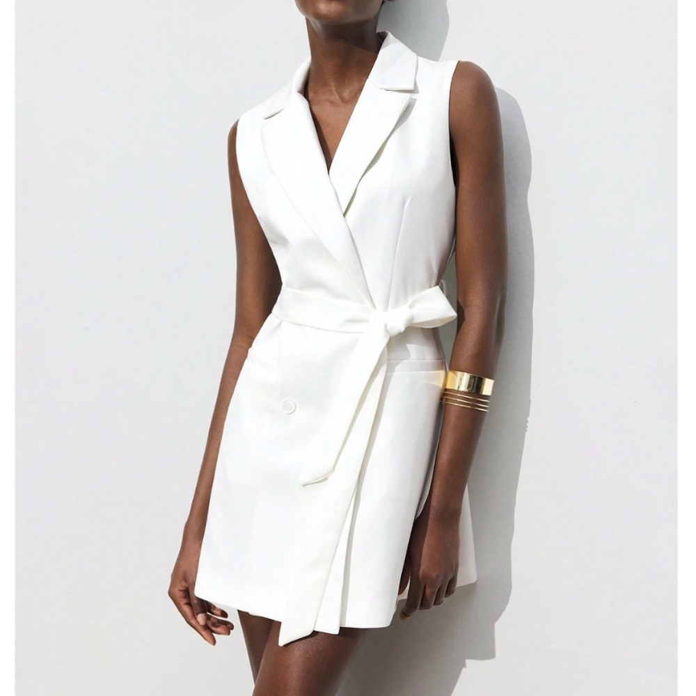 White Office Dress Wrap Tie Belt Lapel Sleeveless Pockets